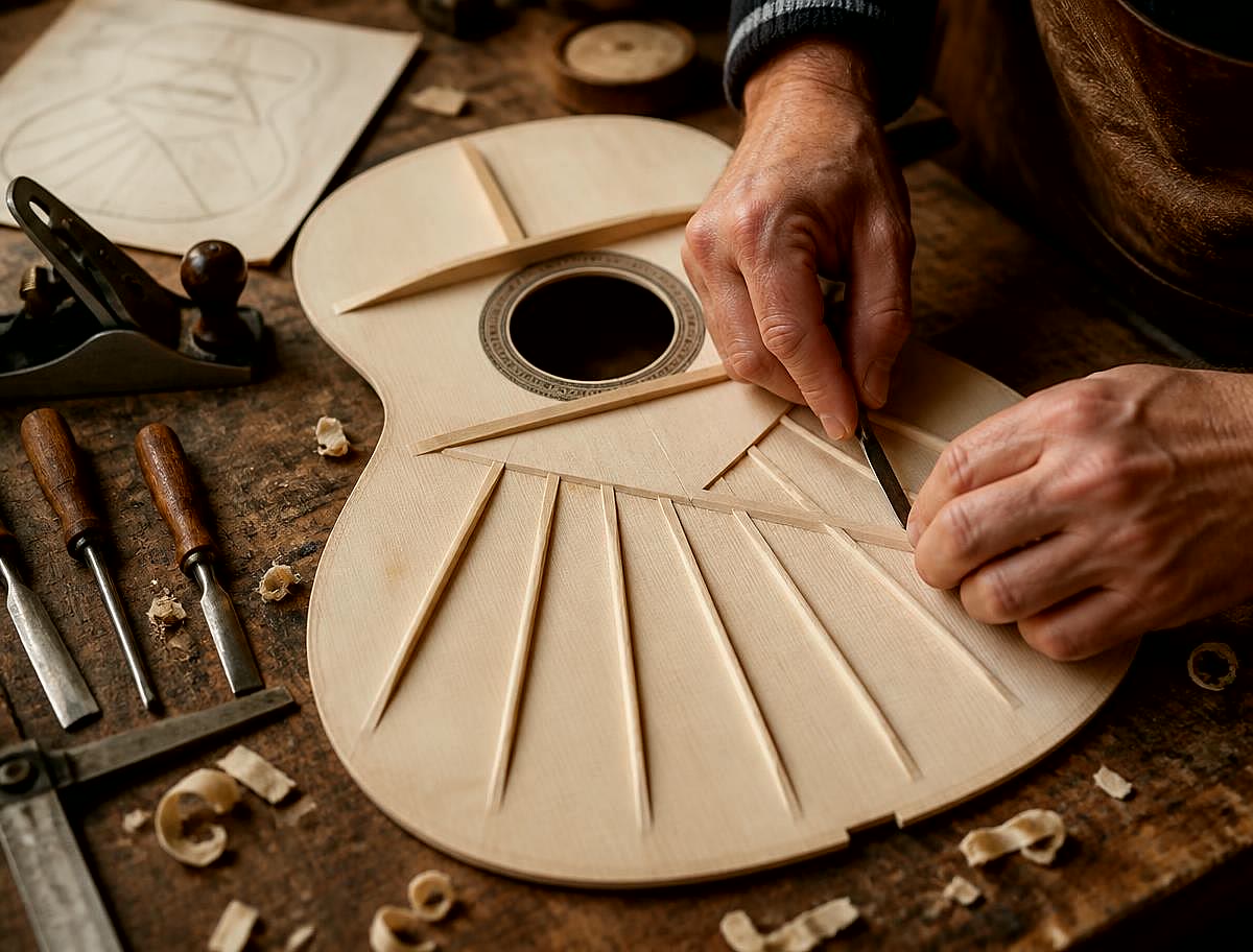 Luthier carving Spanish Torres fan bracing under a spruce top